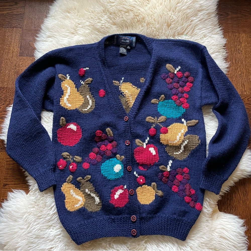 Vintage fruity chunky knit cardigan by Allen Solly in Nottingham, England navy